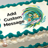 Three Minions riding surfboards with a colorful wave in the background, printed on a sheet cake.