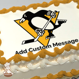 Illustration of a black and white penguin holding a hockey stick on a yellow triangle background, printed on a sheet cake.