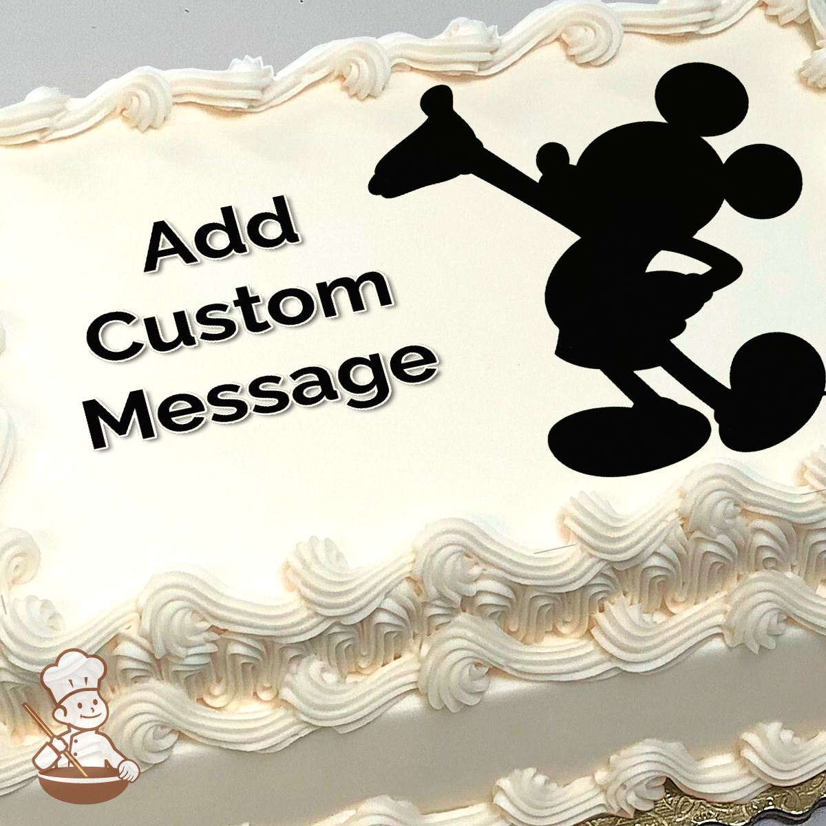 Mickey Mouse silhouette printed on a photo sheet cake.