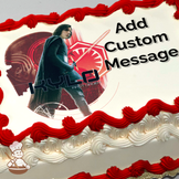 Illustration of Kylo Ren with a lightsaber on a red and gray First Order emblem background, printed on a sheet cake.