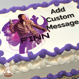 Illustration of Finn from Star Wars holding a blaster, with a graphic overlay and his name in large letters, printed on a sheet cake.