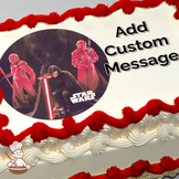 Illustration of Star Wars character Kylo Ren with a lightsaber printed on a sheet cake.