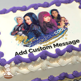 Four stylized characters with a "Wickedly Cool" banner, set against a sparkly background, printed on a sheet cake.