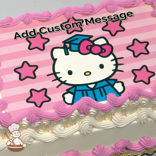 Hello Kitty in graduation cap on pink striped background with stars, image printed on a sheet cake.