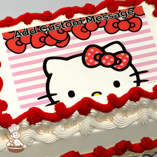 Hello Kitty with red bow on striped pink background, small chef character below, printed on a sheet cake.