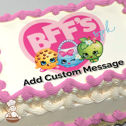 Illustration of Shopkins characters Apple Blossom, Kooky Cookie, and Lippy Lips with a pink heart and "BFF's" text, on a sheet cake.