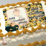 Gru and Minions with a placeholder for a custom photo, against a patterned background of more Minions, printed on a sheet cake.