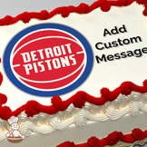 Logo of the Detroit Pistons basketball team printed on a sheet cake.