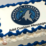 Minnesota Timberwolves logo featuring a gray wolf howling within a blue circle with a green star, printed on a sheet cake.