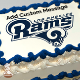 Illustration of the Los Angeles Rams logo with a stylized ram's head, printed on a sheet cake.