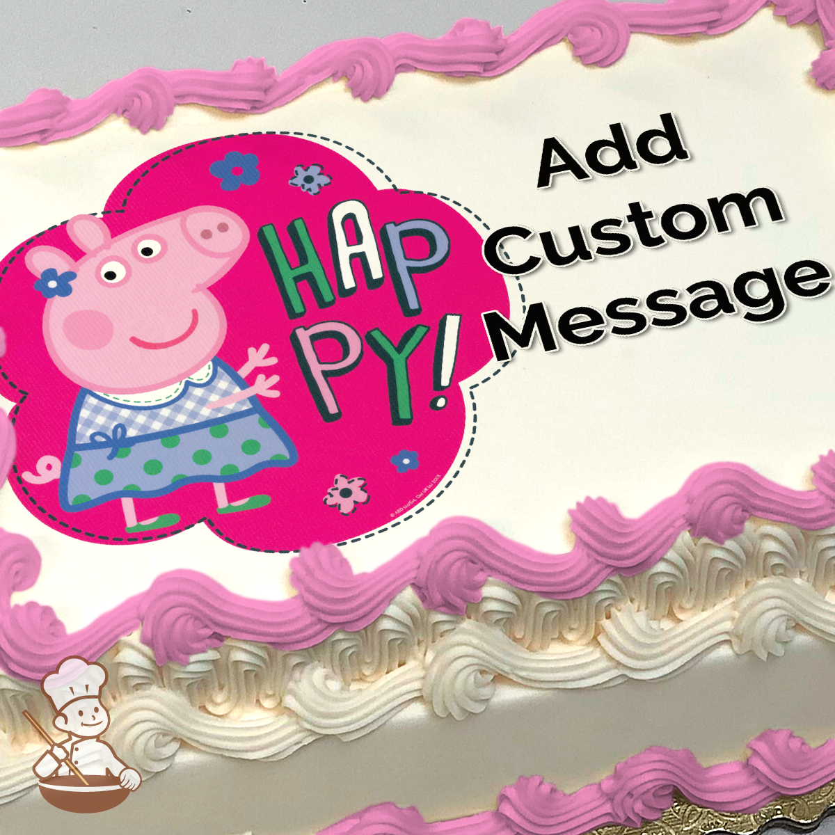 Illustration of Peppa Pig in a blue dress on a vibrant pink background with flowers, next to the word "HAPPY!" printed on a sheet cake.