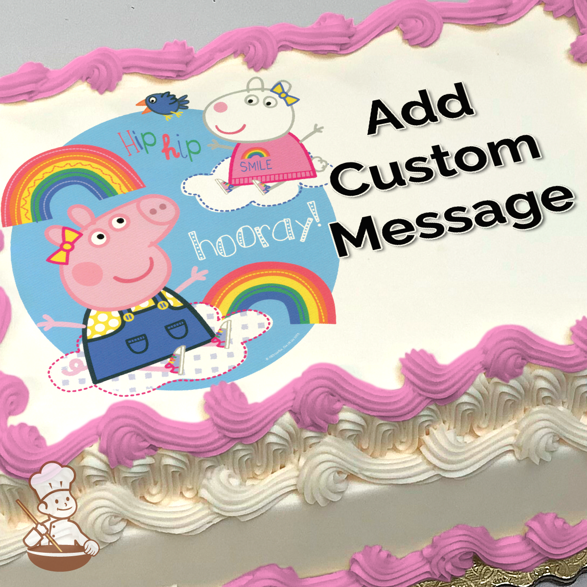 Illustration of Peppa Pig and friends with rainbows and clouds, featuring Peppa in the center, on a photo sheet cake.