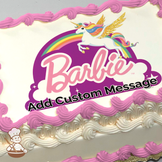 A winged unicorn with a rainbow mane on a purple background with the Barbie logo, printed on a sheet cake.