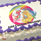 Barbie with a unicorn and rainbow on a sheet cake.