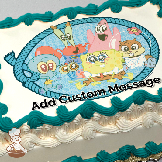 Illustration of SpongeBob, Patrick, and Squidward with friends, in a blue underwater scene, printed on a sheet cake.