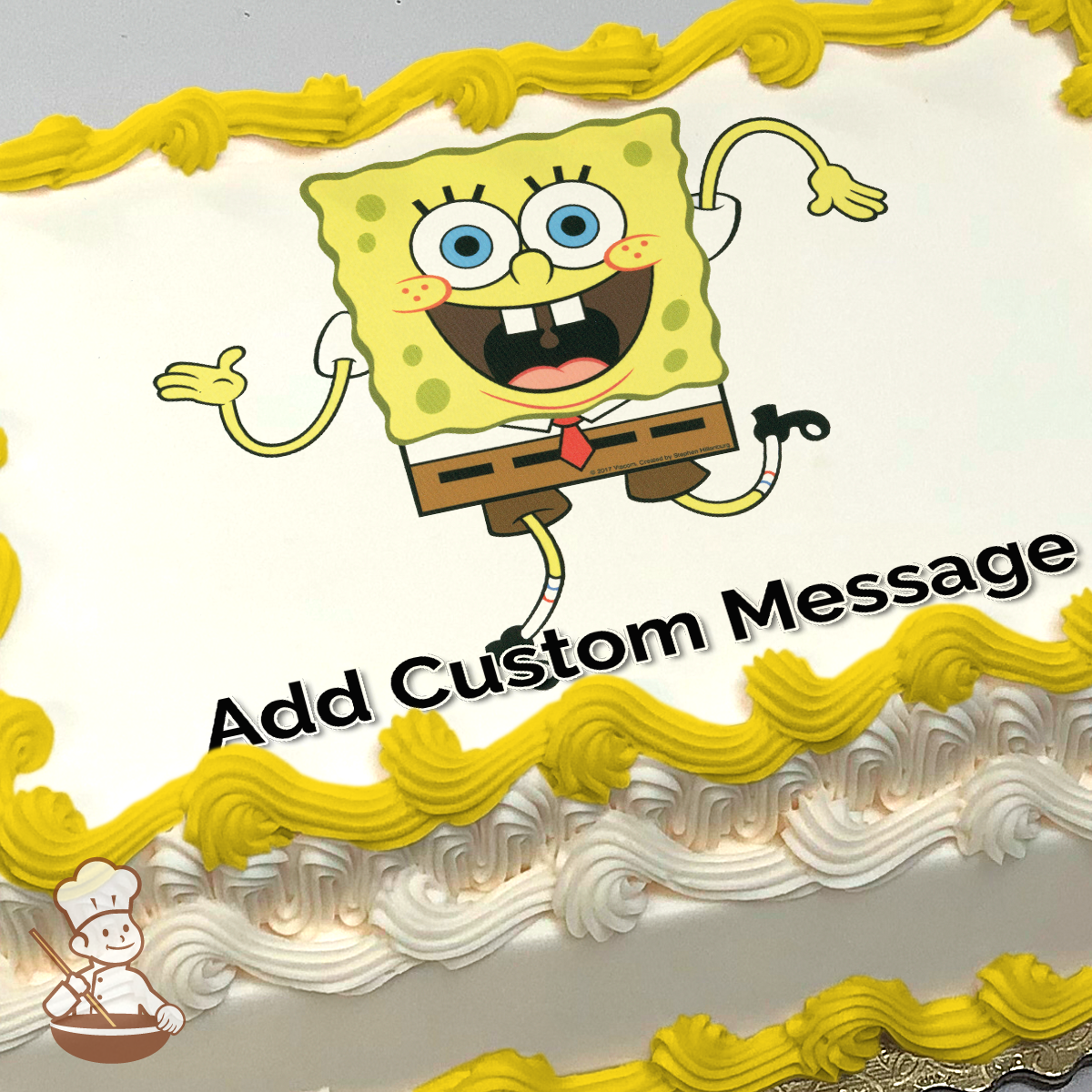 Illustration of SpongeBob SquarePants with a big smile, waving, on a plain light background, printed on a sheet cake.