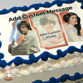 Illustration of Luke Skywalker and Princess Leia from Star Wars, with placeholders for custom messages and a photo, printed on a sheet cake.