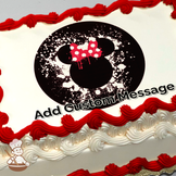 Minnie Mouse silhouette with polka dot bow against splatter art background, printed on a sheet cake.