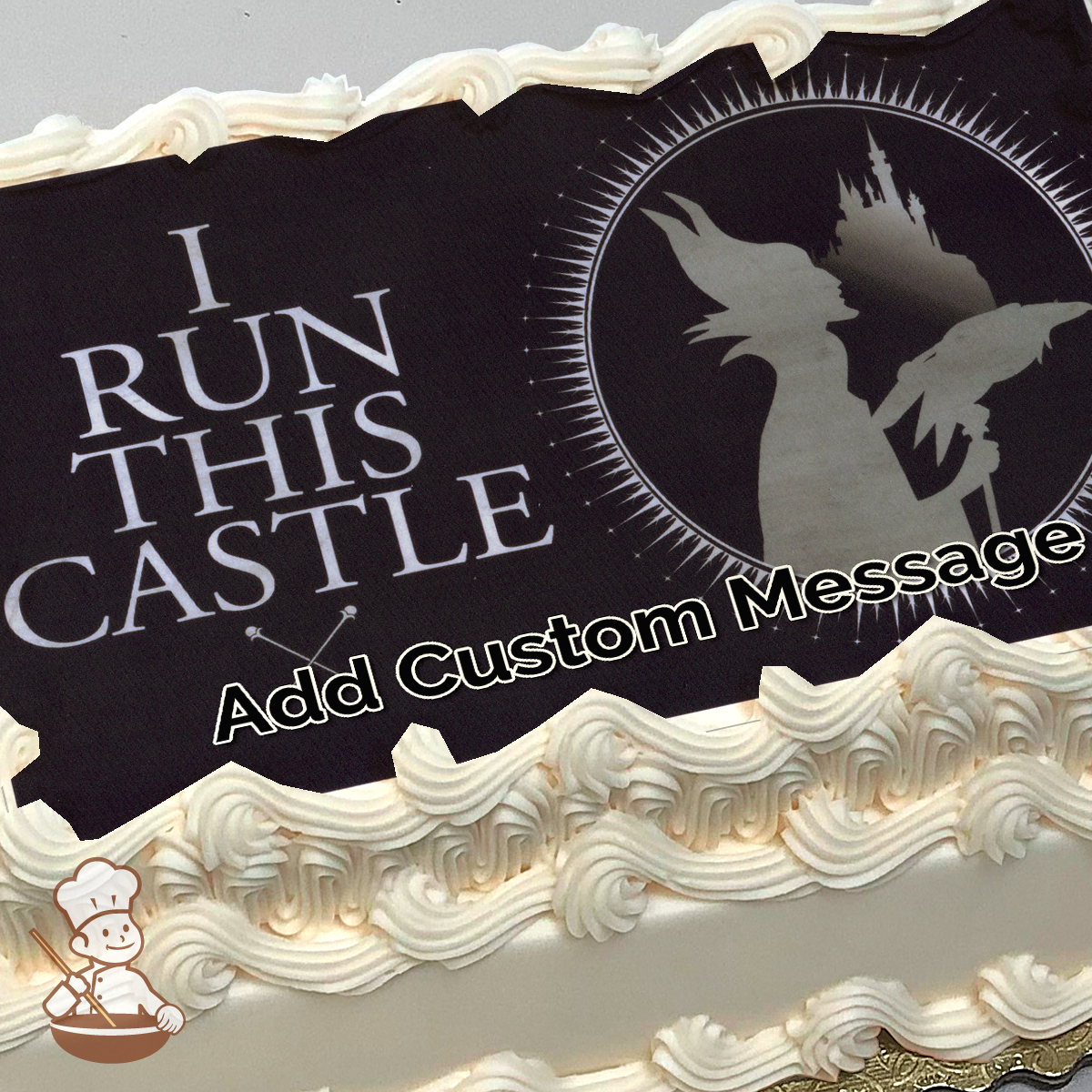 Maleficent silhouette with "I Run This Castle" text, dark gothic background, printed on a sheet cake.