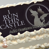 Maleficent silhouette with "I Run This Castle" text, dark gothic background, printed on a sheet cake.