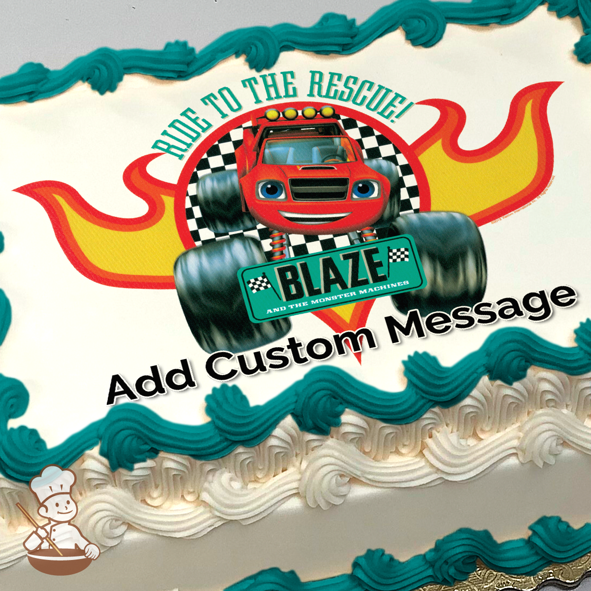 Blaze from "Blaze and the Monster Machines" with flames and checkered patterns, printed on a sheet cake.