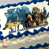 Illustration of Han Solo and Chewbacca with the Millennium Falcon, set against a blue-toned Star Wars logo, printed on a sheet cake.