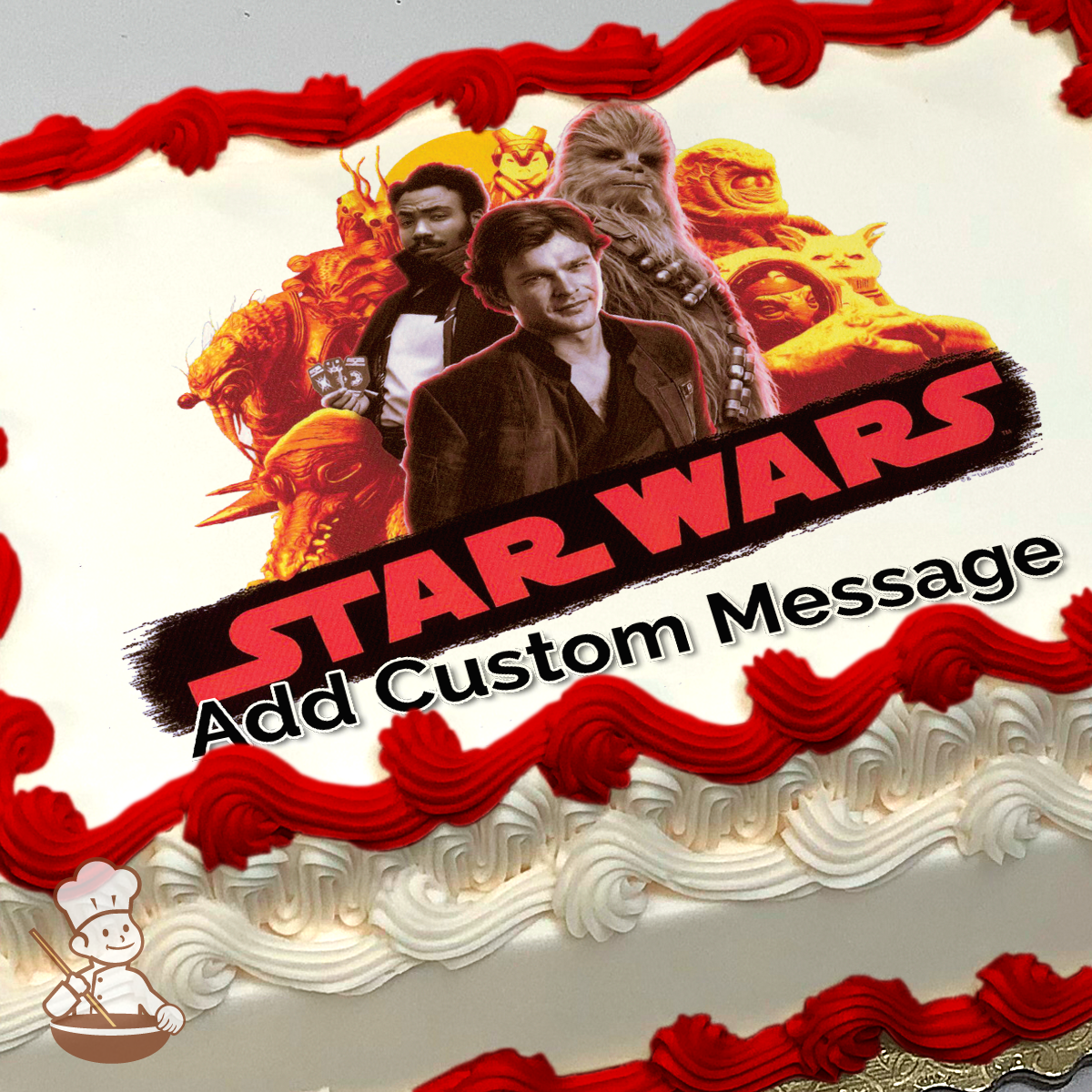 Illustration of Star Wars characters Han Solo and Chewbacca with other figures, against a fiery backdrop, on a sheet cake.