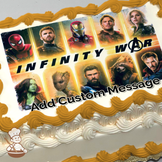 Avengers Infinity War characters Iron Man, Spider-Man, and Thor with friends on a cosmic background, printed on a sheet cake.