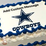 Dallas Cowboys star logo with the word "COWBOYS" beneath it, on a solid background, printed on a sheet cake.