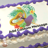 Illustration of Rapunzel swinging from her long hair with a floral background, printed on a sheet cake.