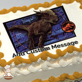 Stygimoloch dinosaur on a digital map background with fiery Jurassic World logo, image printed on a sheet cake.