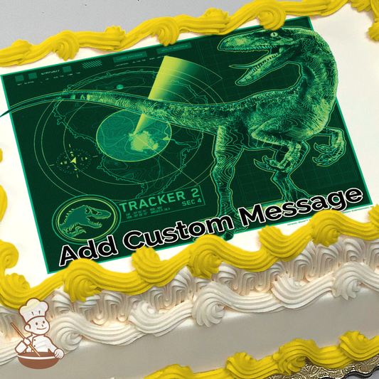 Velociraptor graphic on a digital tracker background with dinosaur silhouettes, printed on a photo sheet cake.