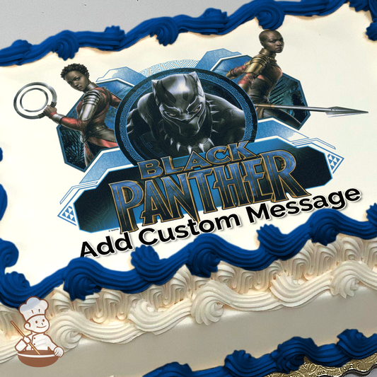 Black Panther in suit flanked by Shuri and Nakia, with futuristic Wakandan design, printed on a sheet cake.