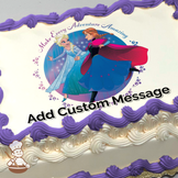 Elsa and Anna in a dynamic pose with a radiant backdrop, printed on a sheet cake.