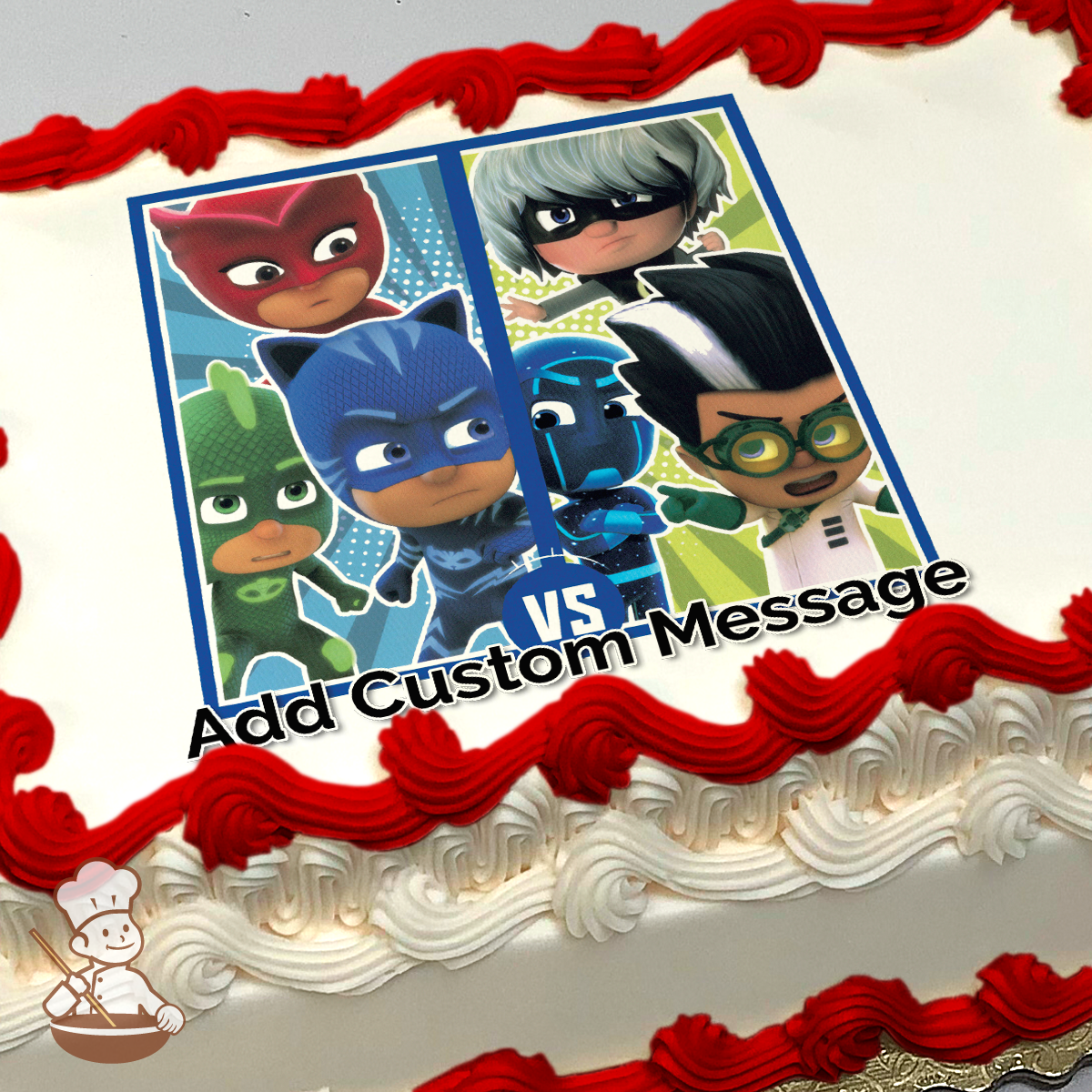 Illustration of PJ Masks characters Catboy, Owlette, and Gekko, with friends, on a comic-style 'VS' backdrop, printed on a sheet cake.