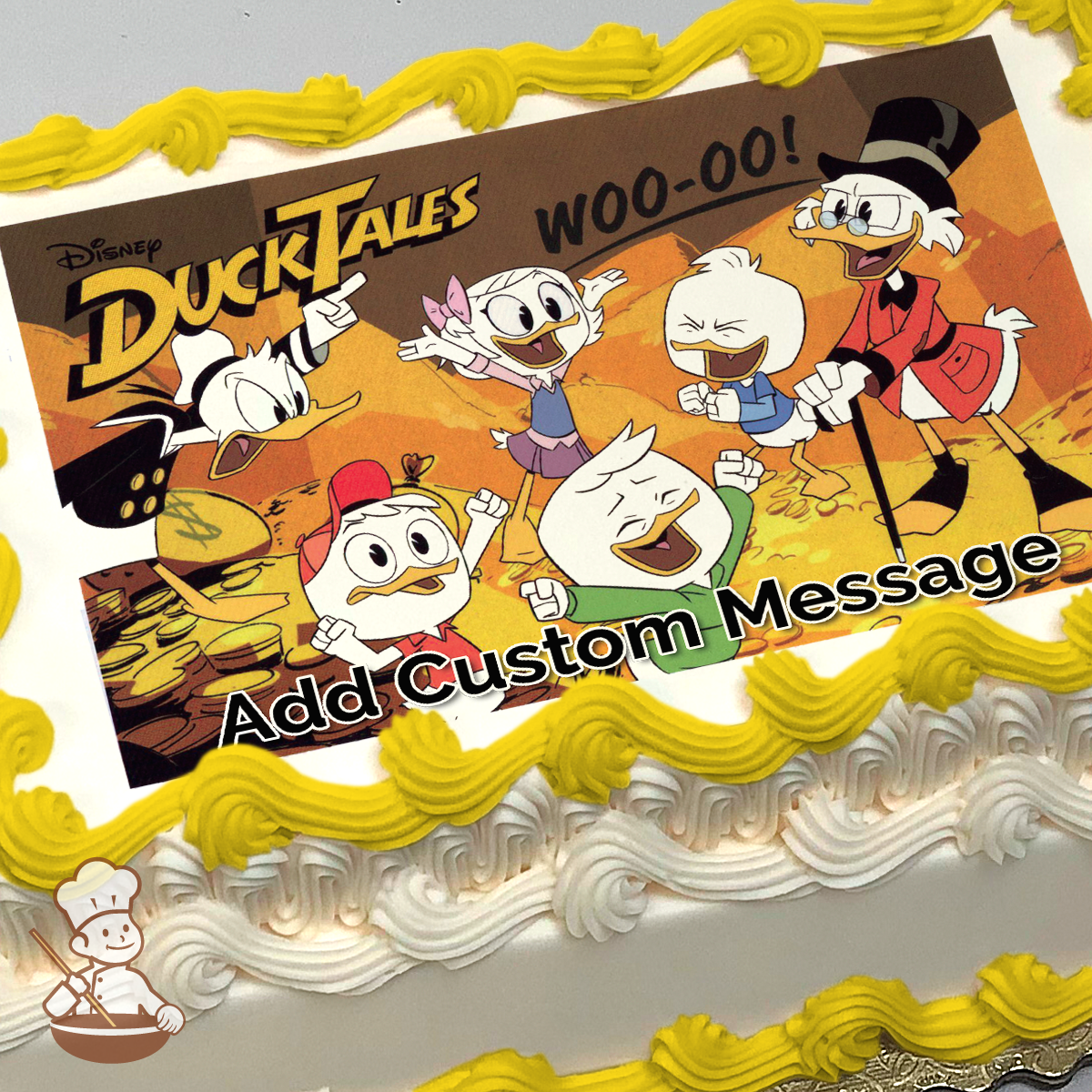 DuckTales characters Scrooge McDuck, Huey, Dewey, and Louie celebrating, with a comic-style "WOO-oo!" text, printed on a sheet cake.