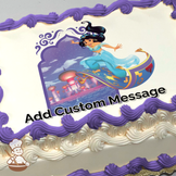 Jasmine on a flying carpet over Agrabah at dusk, with a whimsical purple swirl design around the edges, printed on a sheet cake.