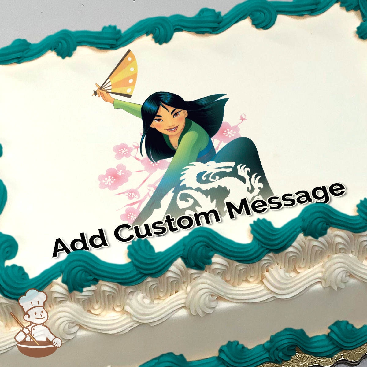 Mulan in a dynamic pose with a fan, on a floral background, printed on a sheet cake.