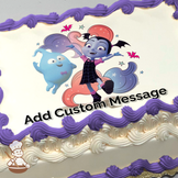 Illustration of Vampirina and her friend Demi the ghost, with stars and bats on a whimsical night sky background, printed on a sheet cake.