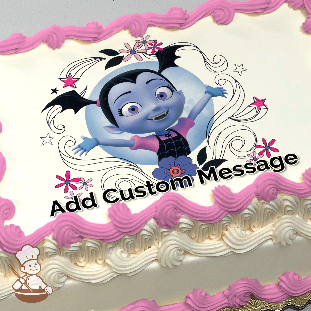 Cartoon image of Vampirina smiling with flowers and stars, on a whimsical swirl background, printed on a sheet cake.