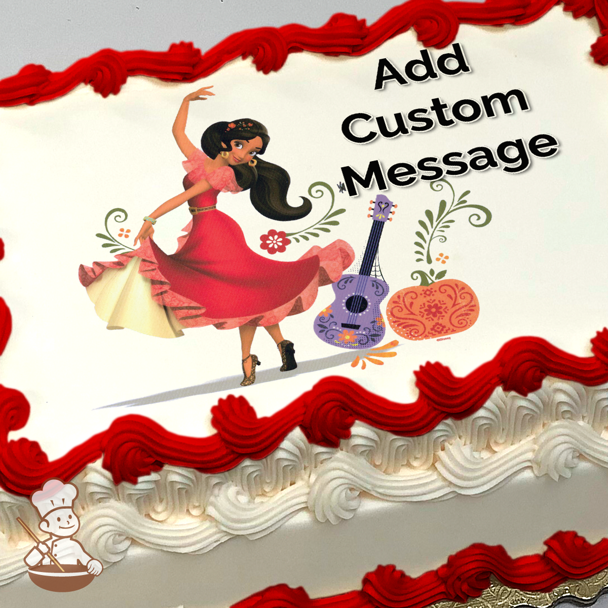 Elena of Avalor dancing, with a purple guitar and decorative motifs, on a sheet cake.