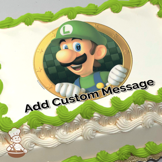 Illustration of Luigi, a popular video game character, set within a gold frame design, printed on a sheet cake.