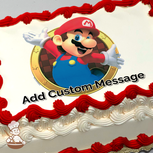 Illustration of Mario, a popular video game character, waving with a cheerful expression printed on a sheet cake.