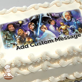 Illustration of Star Wars characters Luke Skywalker, Princess Leia, and Yoda with friends, printed on a sheet cake.