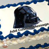 Illustration of Darth Vader's helmet with a starry space background, printed on a sheet cake.