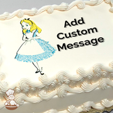 Alice from "Alice in Wonderland", printed on a sheet cake.