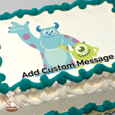 Illustration of Sulley and Mike from Monsters, Inc. waving, printed on a sheet cake.