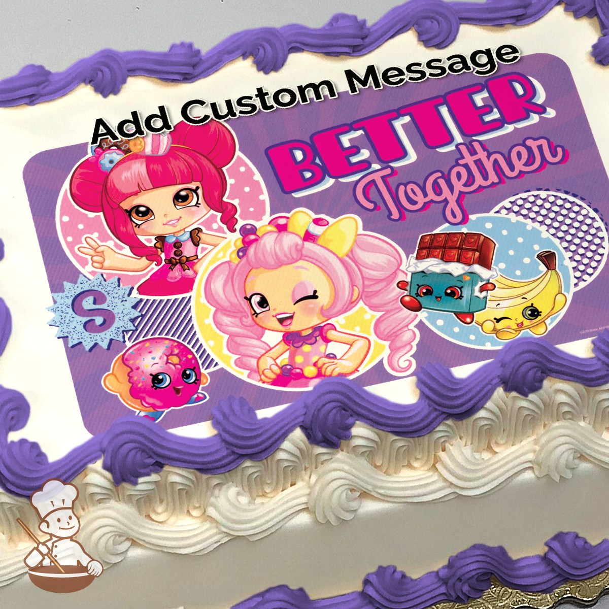 Illustration of cartoon characters on a cake, featuring two pink-haired girls and their friends.