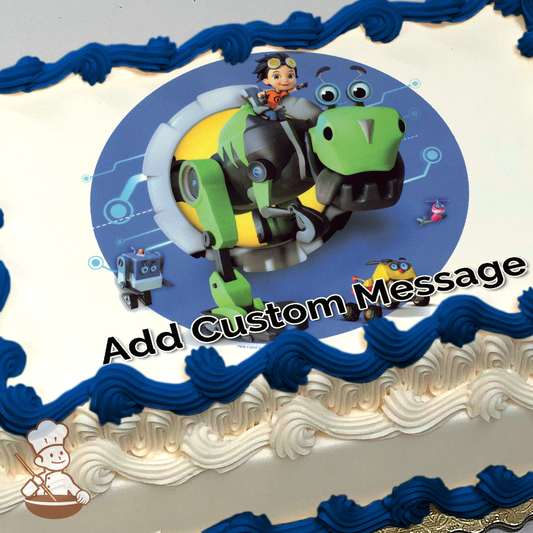 Illustration of a boy riding a green robot, with smaller robots, against a blue tech-patterned background, printed on a sheet cake.