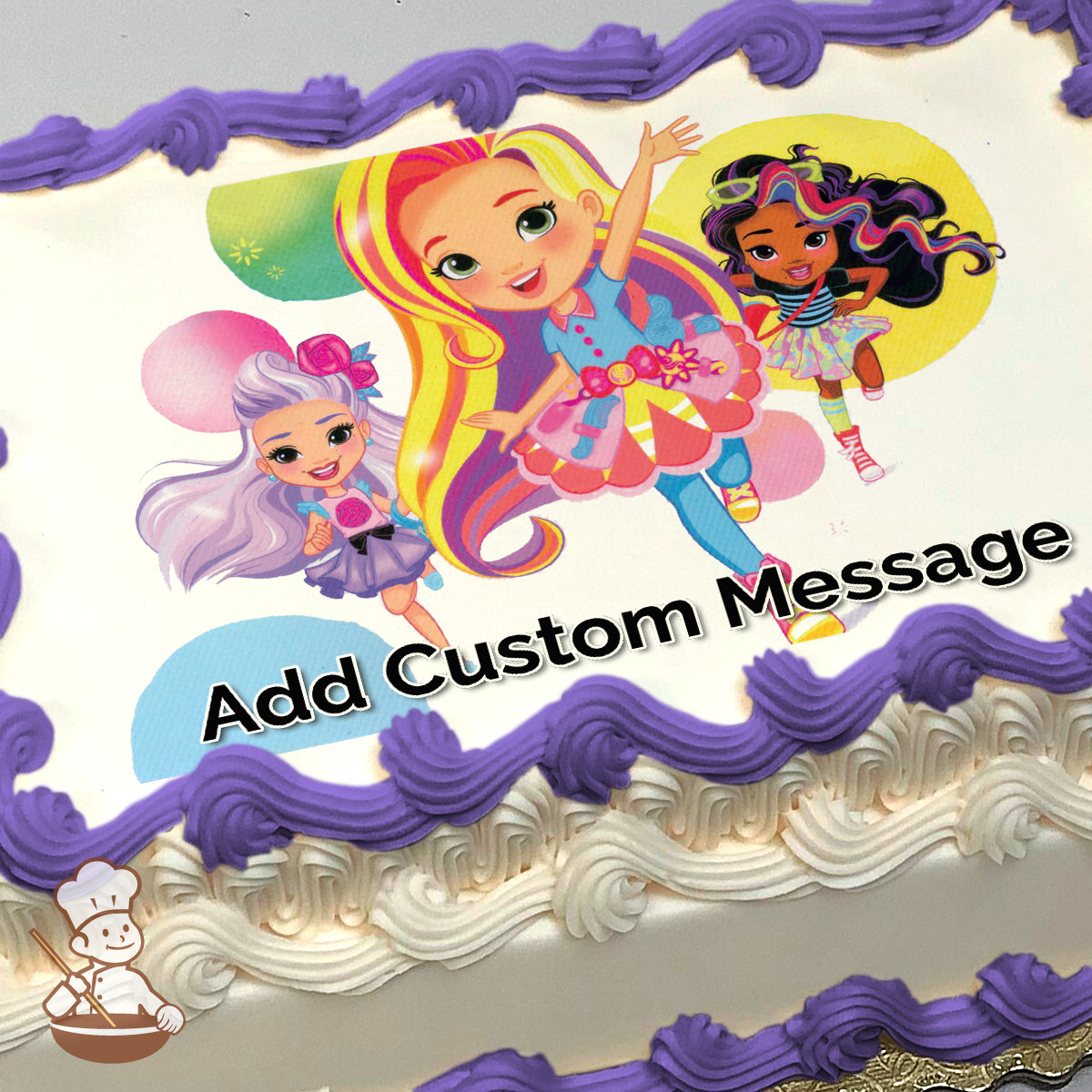 Illustration of three animated girls with colorful outfits and hairstyles. Image printed on a sheet cake.